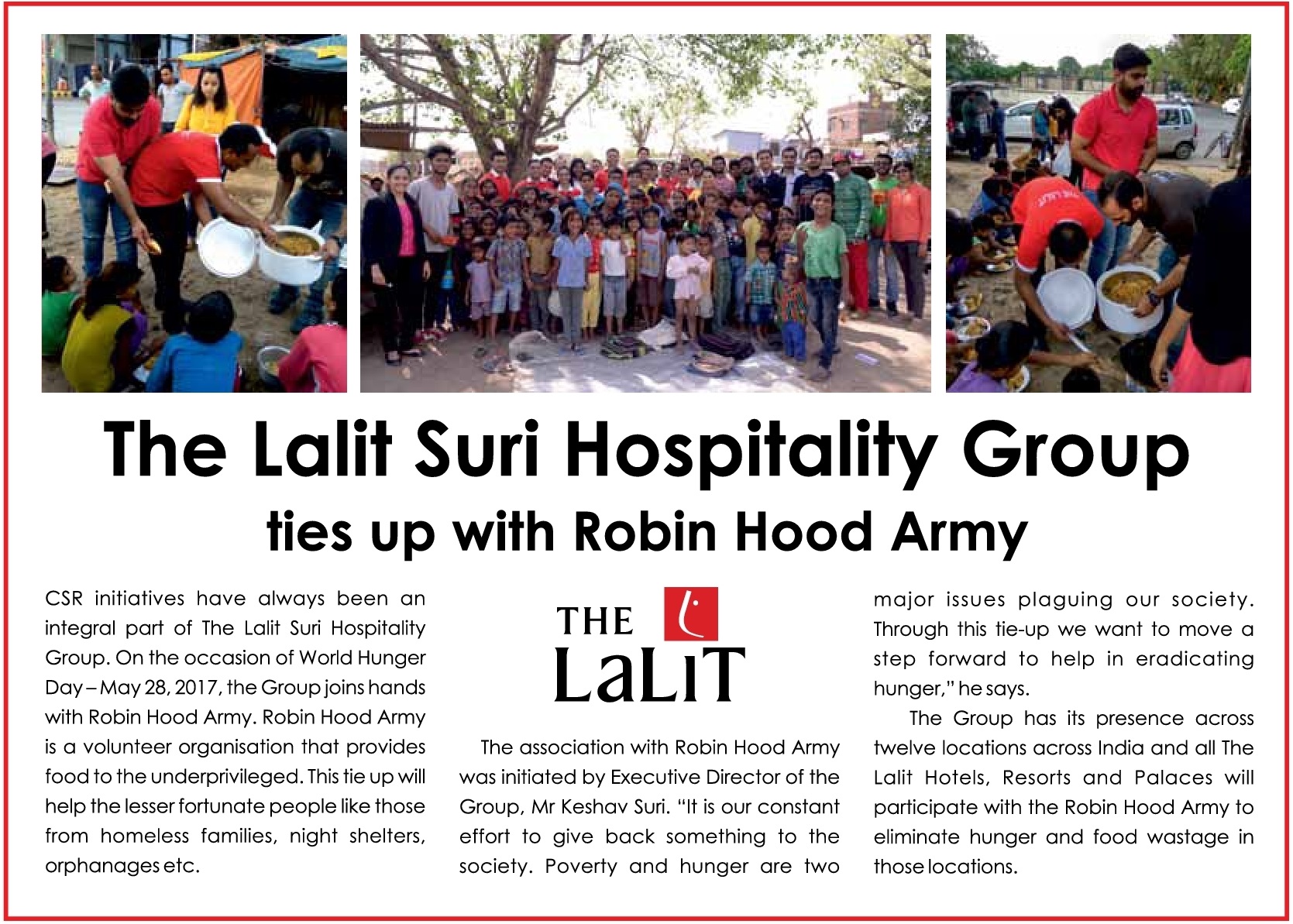 The LaLiT Suri Hospitality Group Ties Up With Robin Hood Army