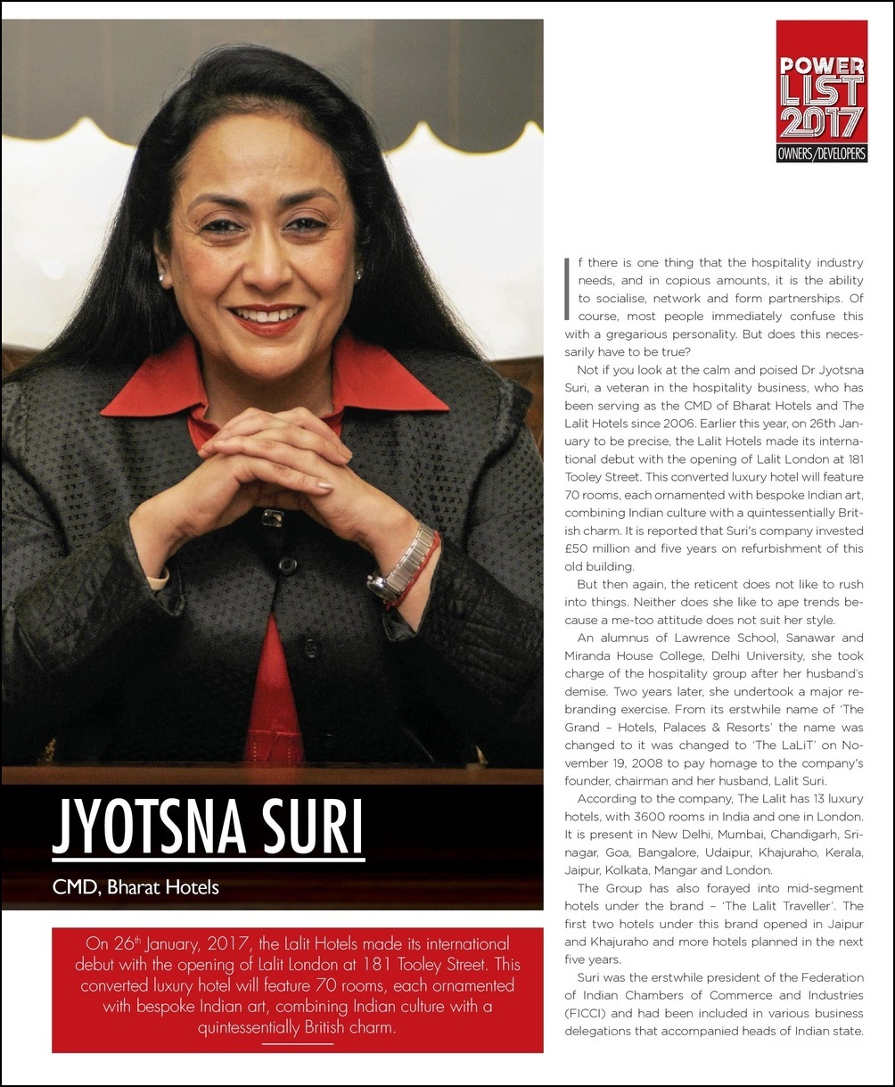 Dr. Jyotsna Suri - CMD, Bharat Hotels Limited - A Veteran in the Hospitality Business Dr. Jyotsna Suri - CMD, Bharat Hotels Limited - A Veteran in the Hospitality Business