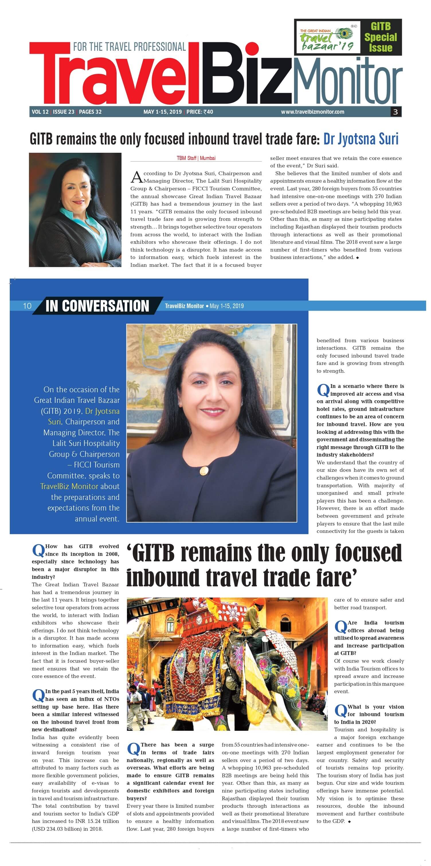 GITB remains the only focused inbound travel trade fare: Dr. Jyotsna Suri GITB remains the only focused inbound travel trade fare: Dr. Jyotsna Suri